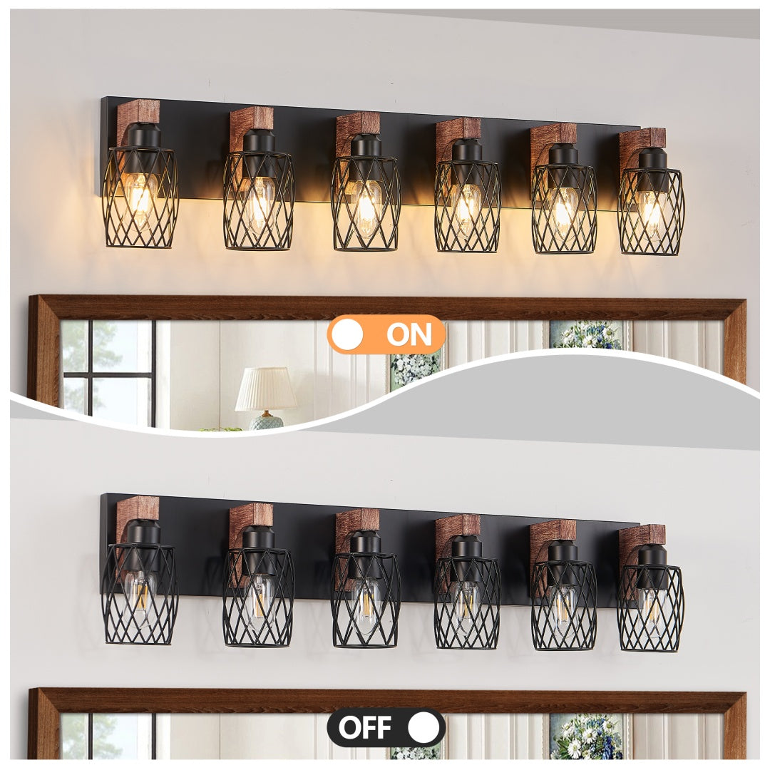 Industrial Vintage 6-Light Wall Sconce - Black Metal & Wood Accent