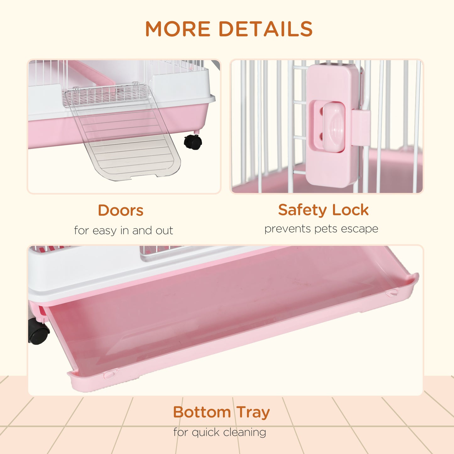 Small Animal Cage 32 Inch 6-Level Bunny Hutch with Lockable Wheels & Slide-Out Tray - Pink