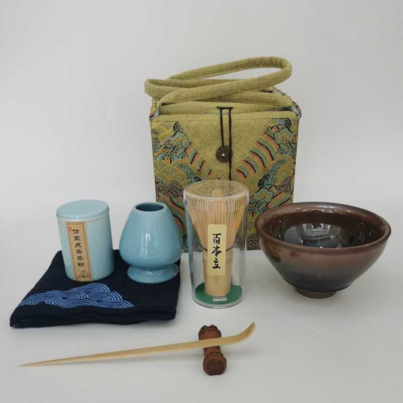Tea Set with Bamboo Tea Bowl Brush Powder Pot and Cloth Bag - Light Luxury Kitchenware