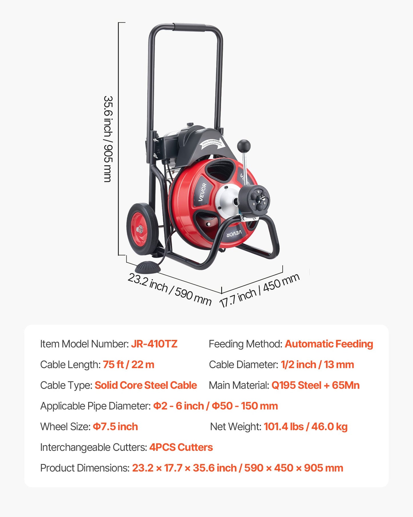 Drain Cleaner Machine 75FT x 1/2 Inch Auto Feed Sewer Snake Auger Portable