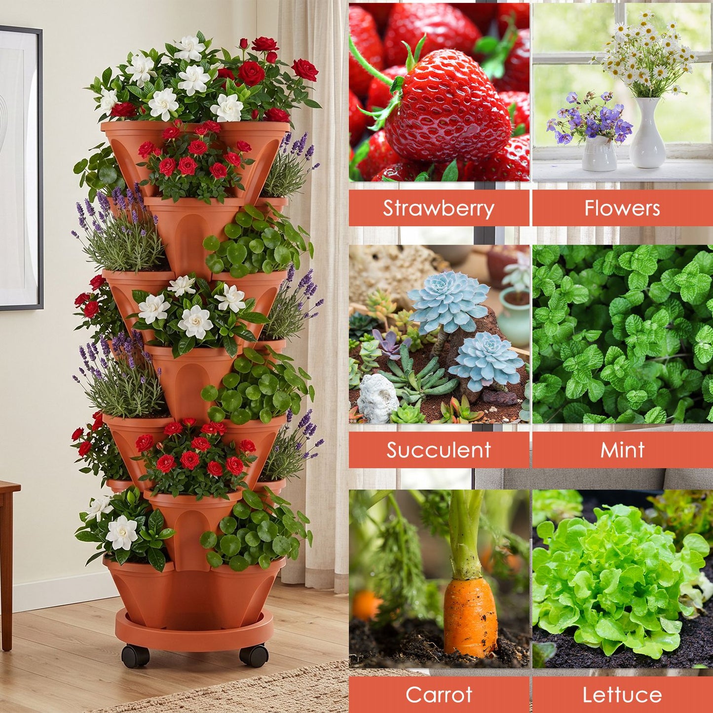 7-Tier Vertical Stackable Garden Planter with Wheels and Drainage System