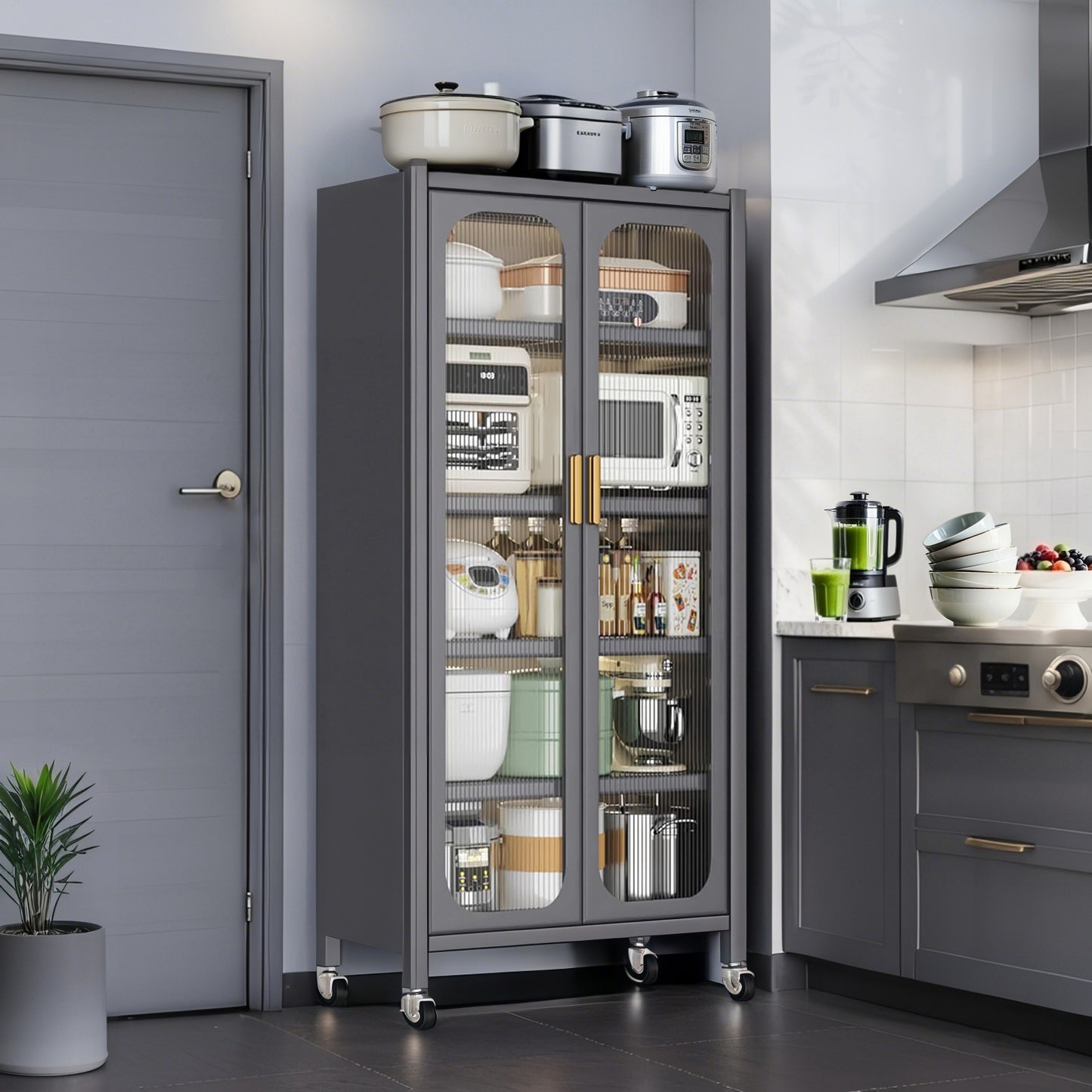 65" Metal Kitchen Pantry Storage Cabinet with Transparent Door