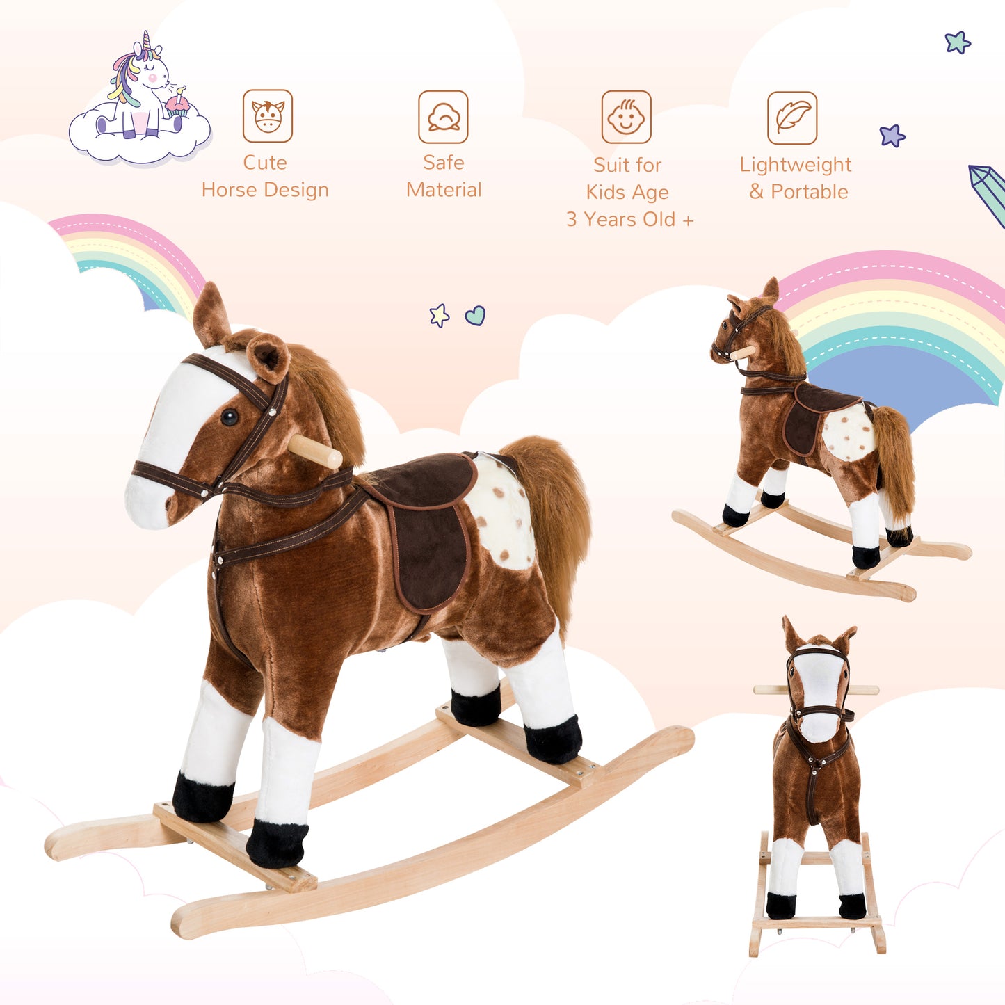 Plush Rocking Horse for Kids with Realistic Sounds - Brown