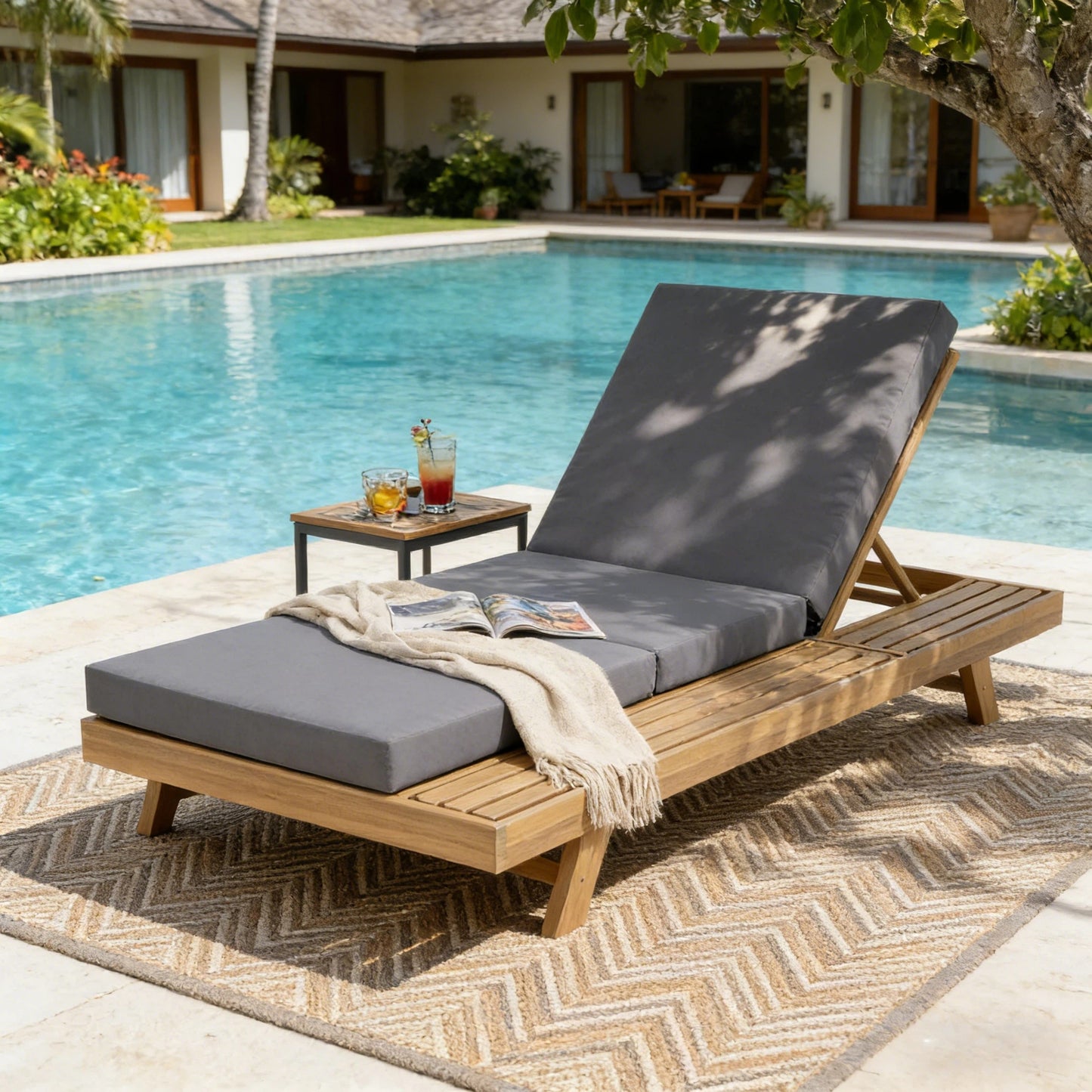 Lounge Chaise Set - Acacia Solid Wood with Dark Grey Cushion