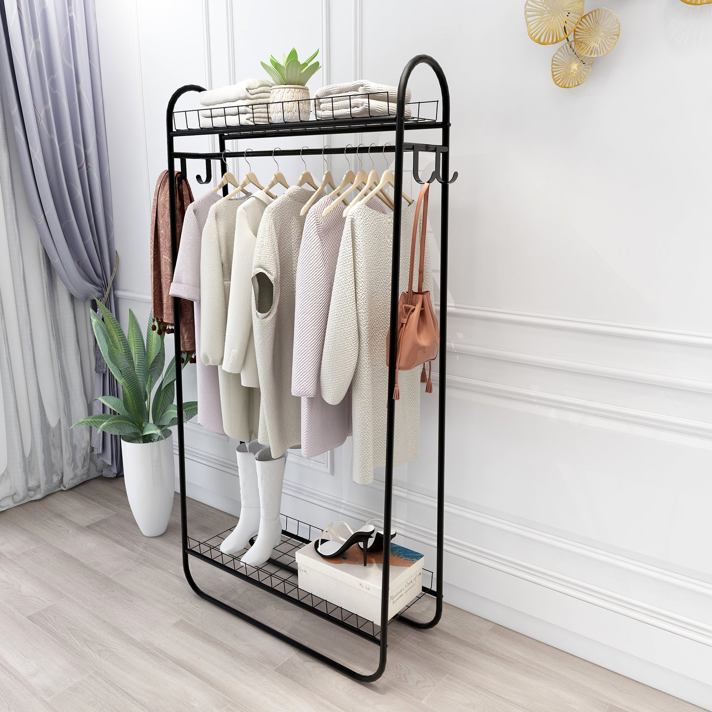 Heavy Duty Freestanding Clothes Rack with Double Shelves - Black