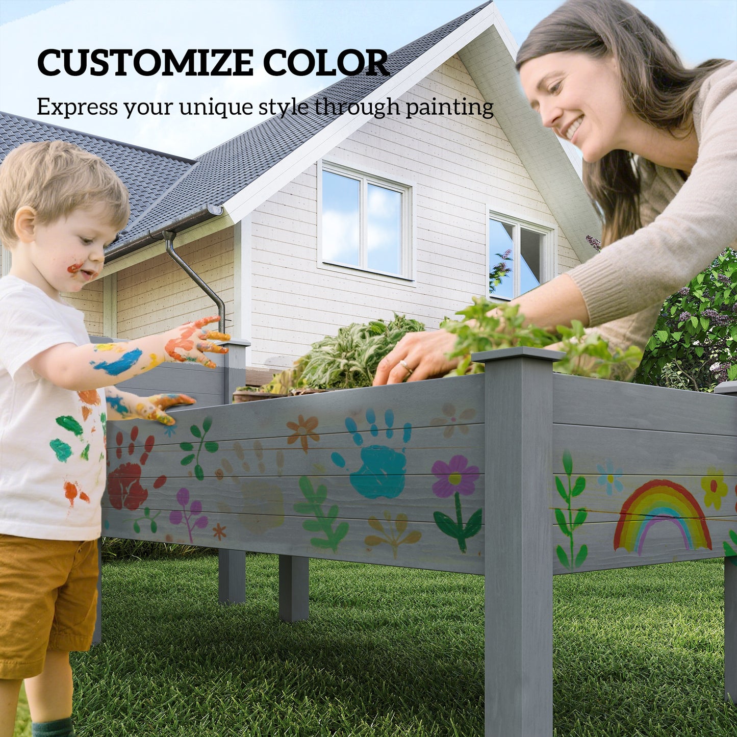 2-Tier Raised Garden Bed Planter Box with Legs - Outdoor Wooden Herb & Vegetable Bed, Gray