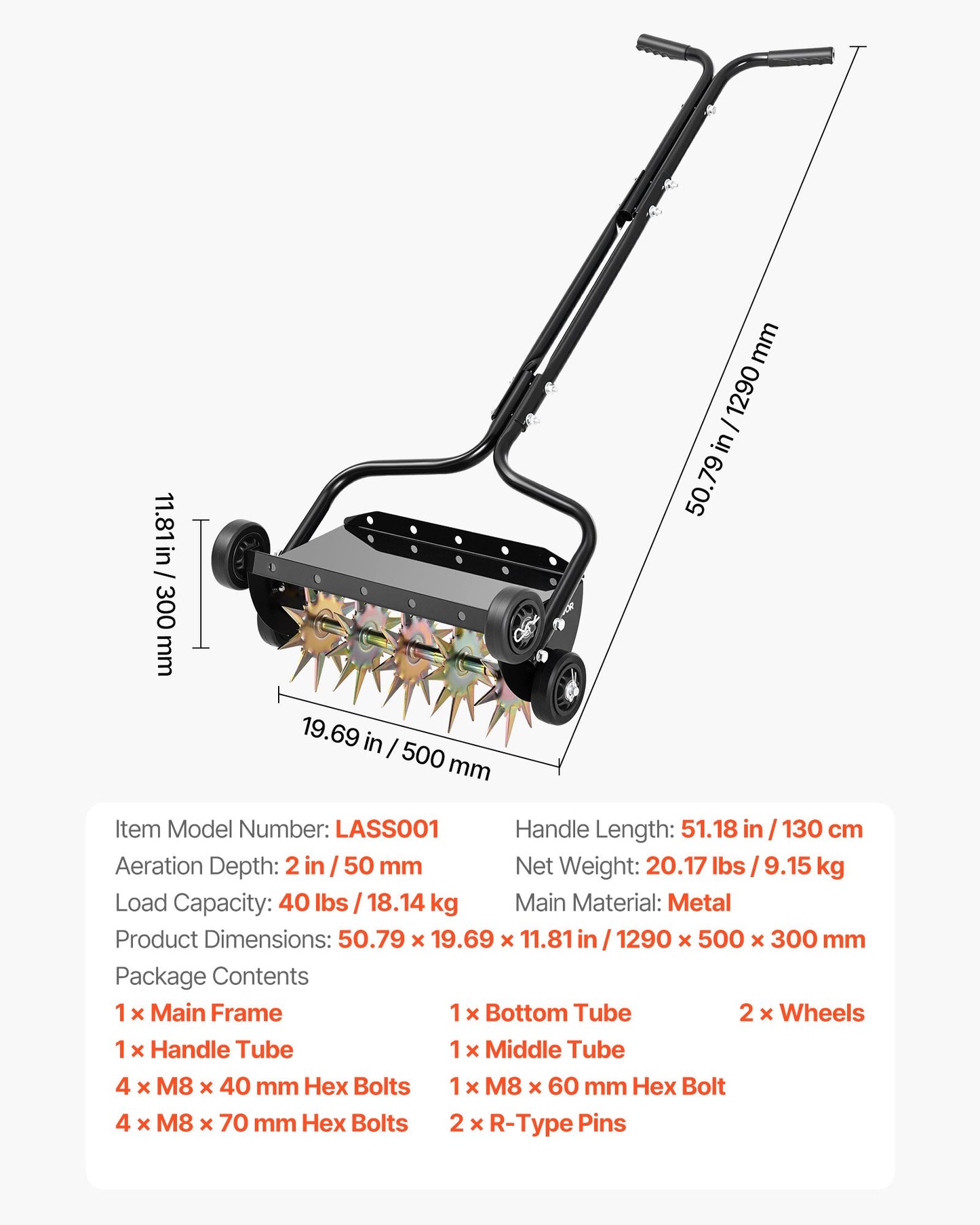 Manual Lawn Aerator Spike Tool with 4 Wheels & Handle - Heavy Duty Garden Soil Aeration