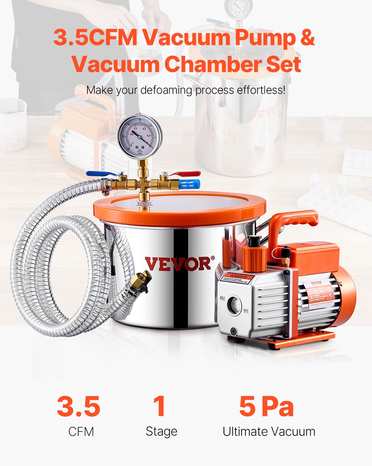 1.5 Gallon Stainless Steel Vacuum Chamber Kit with 3.5 CFM Vacuum Pump - Orange
