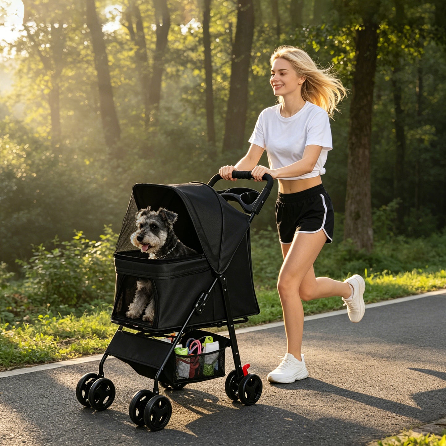 Foldable Pet Stroller for Small Dogs and Cats - Black, 28 lbs Capacity with Safety Leashes & Mesh
