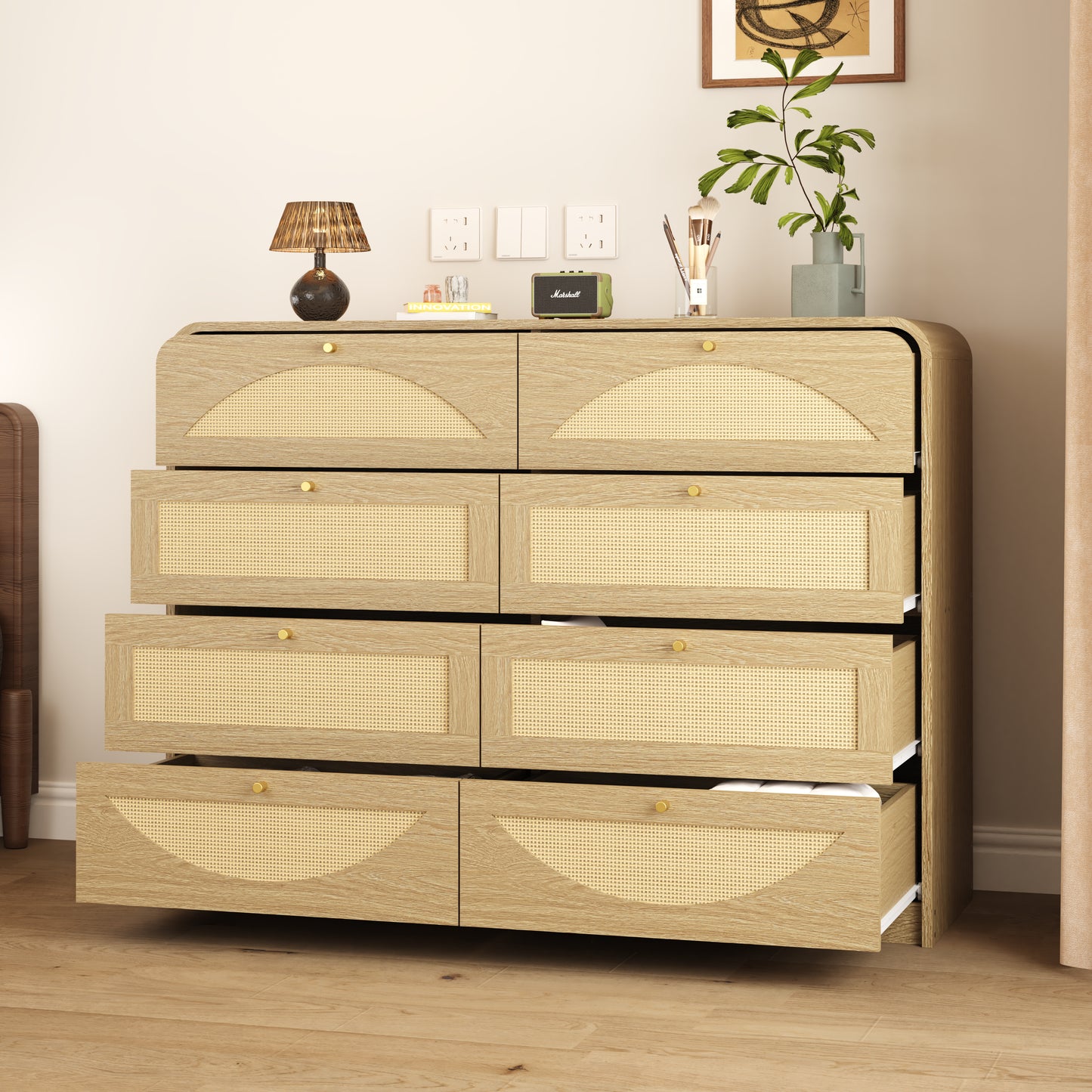 Natural 8-Drawer Dresser with Rattan Front - Wide Storage Cabinet