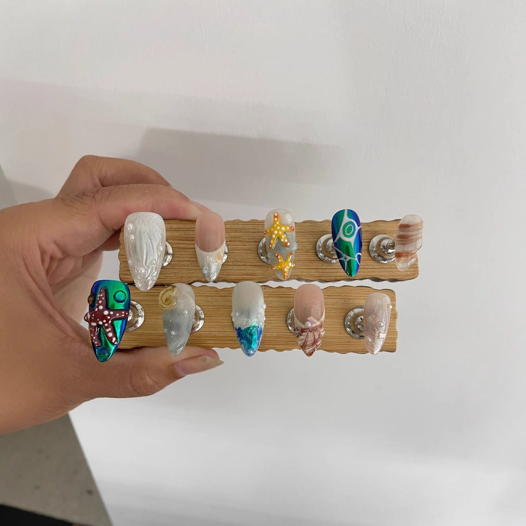 Hand-Painted Almond Press-On Nail Set - Professional Long Manicure Kit