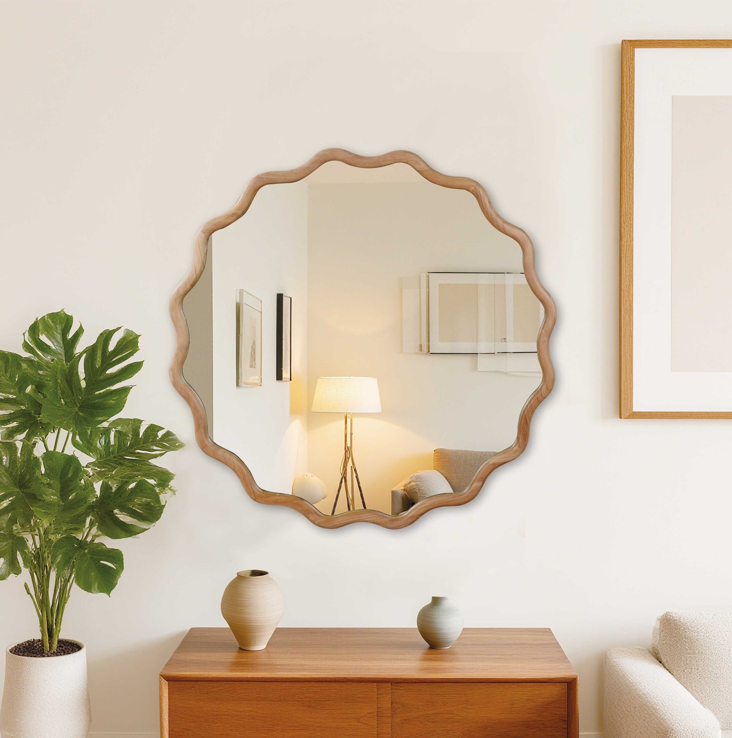 36 Inch Wavy Round Solid Wood Frame Decorative Mirror - Natural Wood