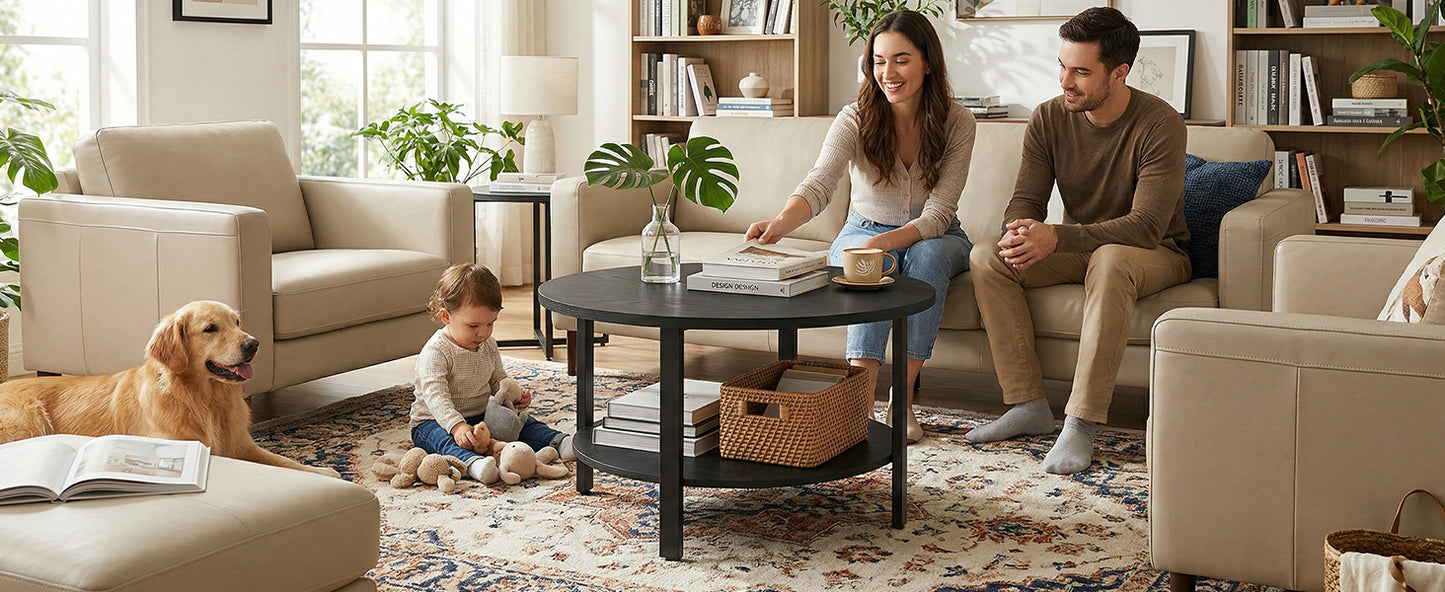 Round Coffee Table with 2 Tiers and Storage - Black