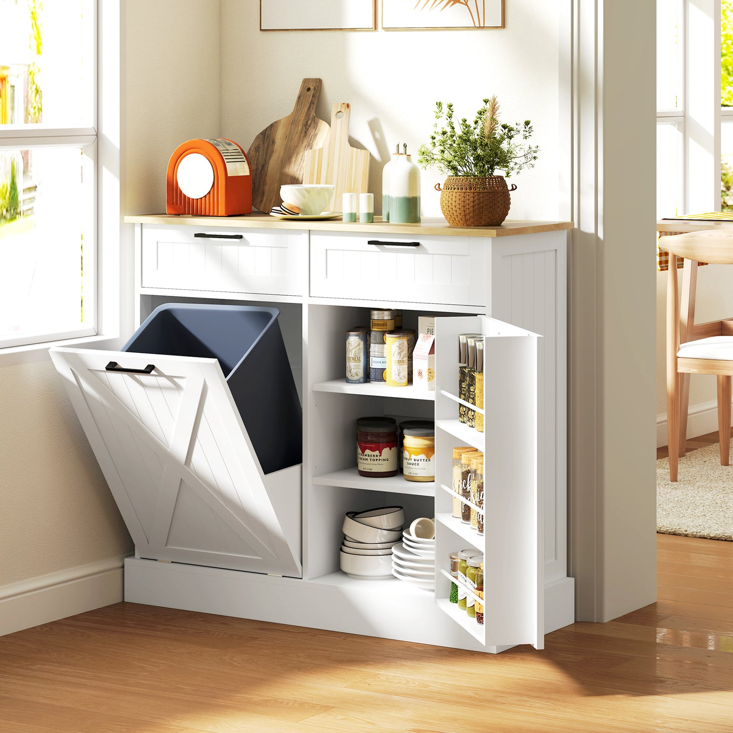Farmhouse Kitchen Cabinet with Hidden Trash Can & 2 Drawers - White