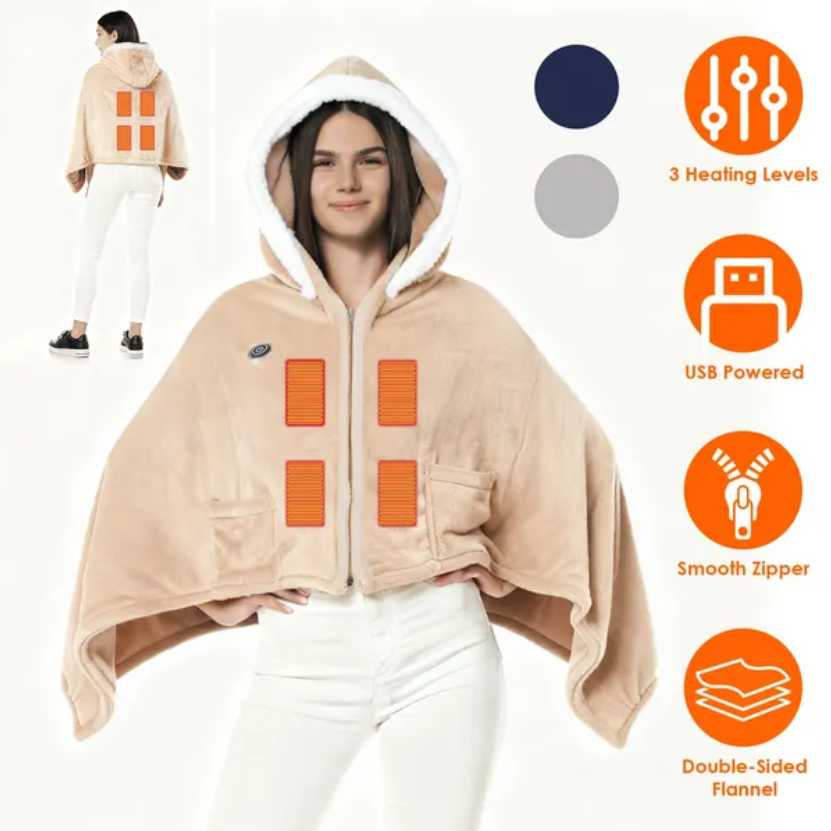 Wearable Heated Throw Blanket - Portable Double-Sided Flannel