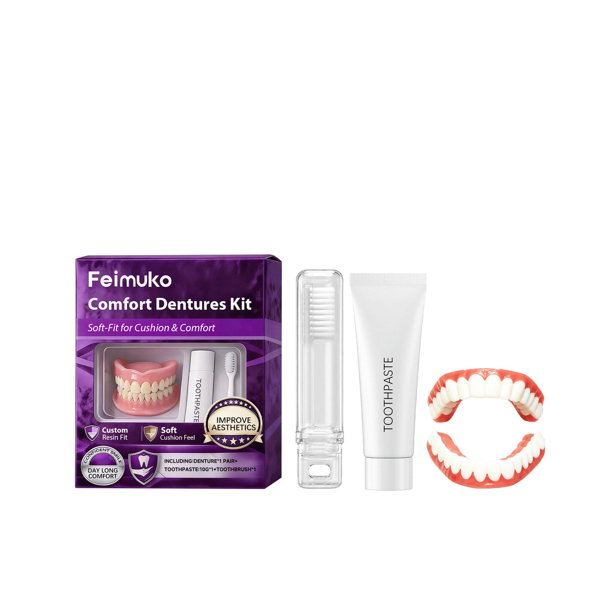 Denture Care Kit with Toothpaste, Brush & Mouthguard