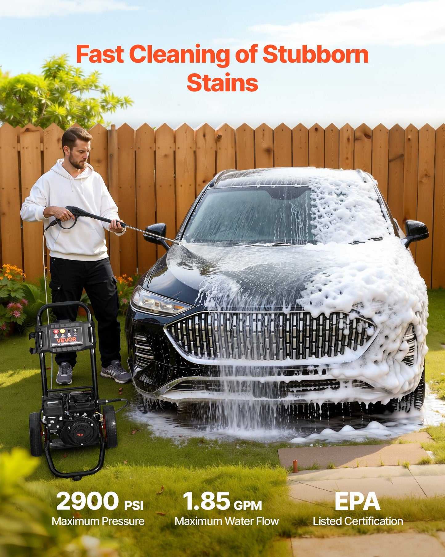 Gas Pressure Washer 2900 PSI 1.85 GPM with Aluminum Pump & 4 Nozzle Set - Gas Powered for Cars & Home Cleaning