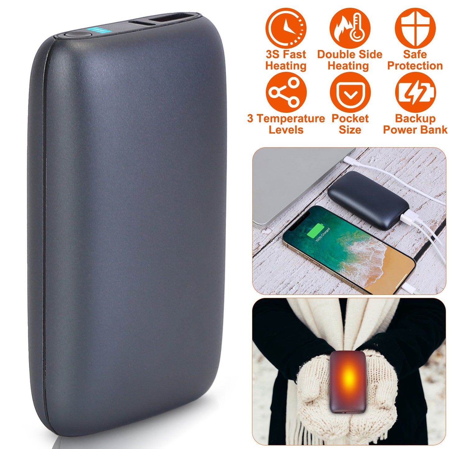 Rechargeable Electric Hand Warmer with 3 Temperature Levels - Grey