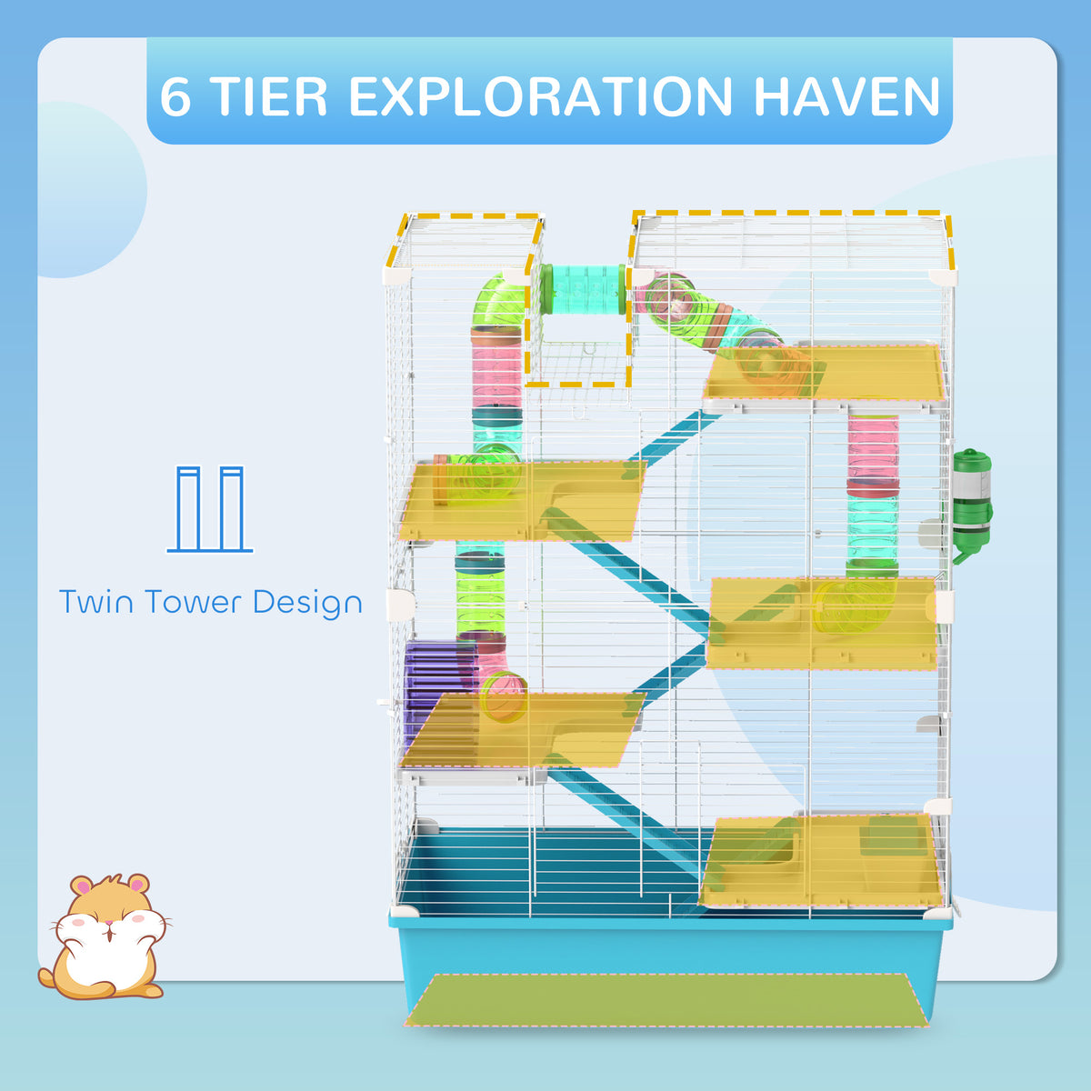 6-Tier Hamster Cage with Tubes, Ramps, Wheel & Accessories - Light Blue