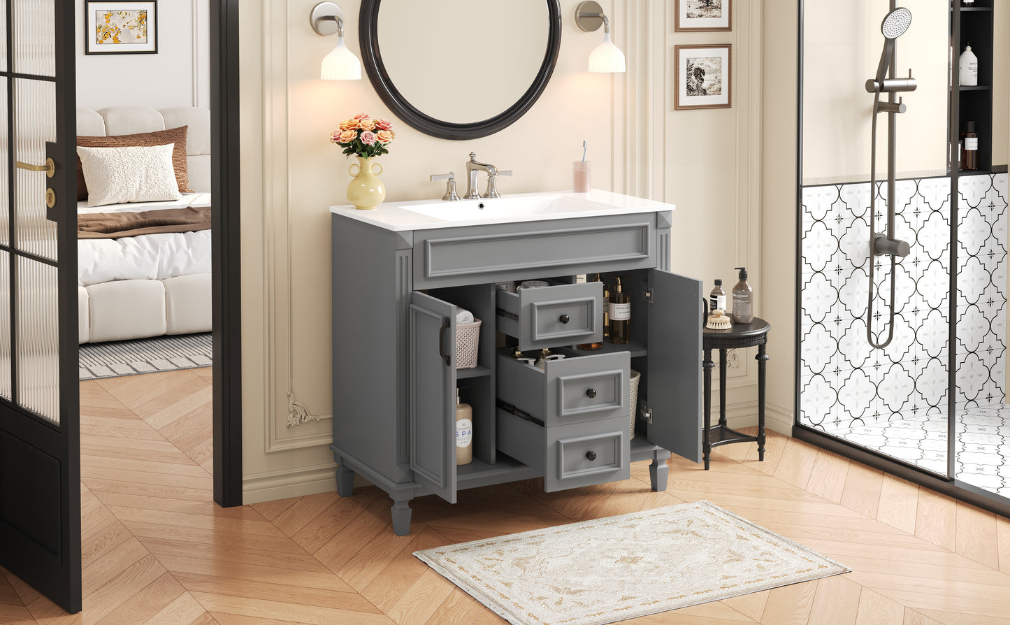 36-Inch Modern Bathroom Vanity with Top Sink - Grey
