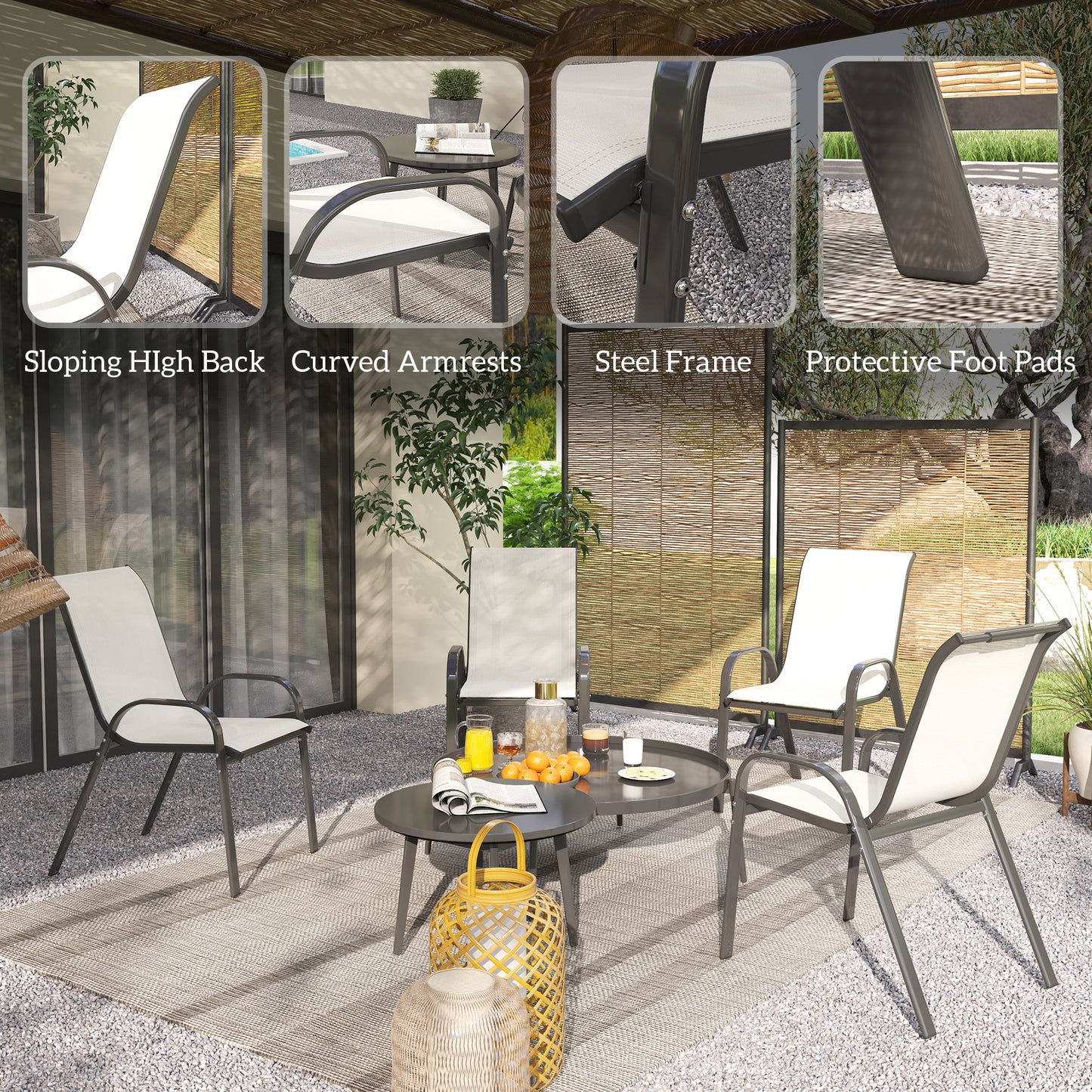 Set of 4 Stackable Outdoor Dining Chairs - Beige Mesh Seats