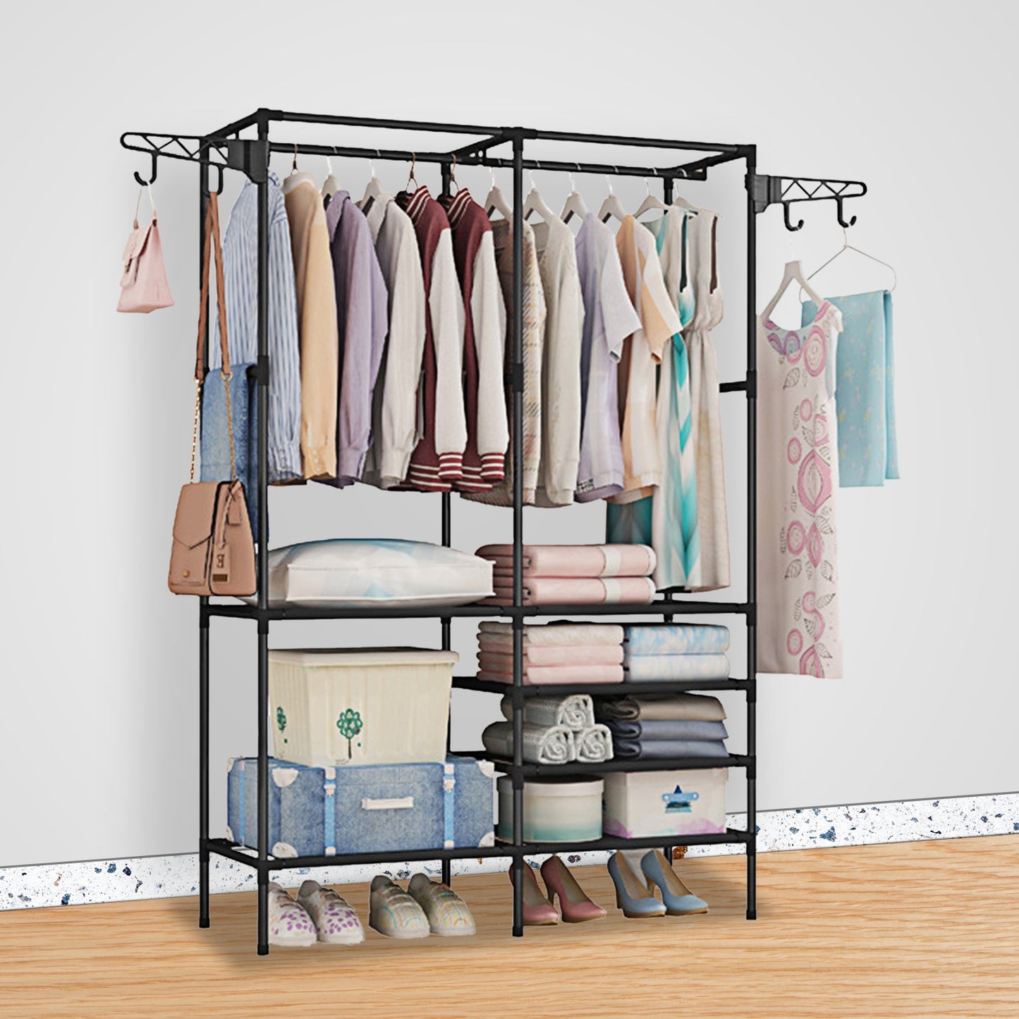 1Pc Metal Garment Rack Shoe Clothing Organizer Shelves Freestanding