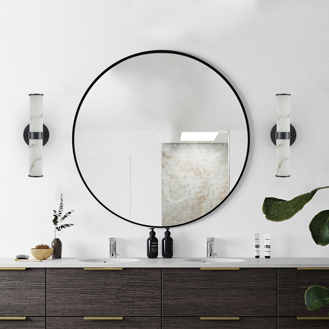 Set of 2 Marble Texture Wall Lights with Black Iron Frame