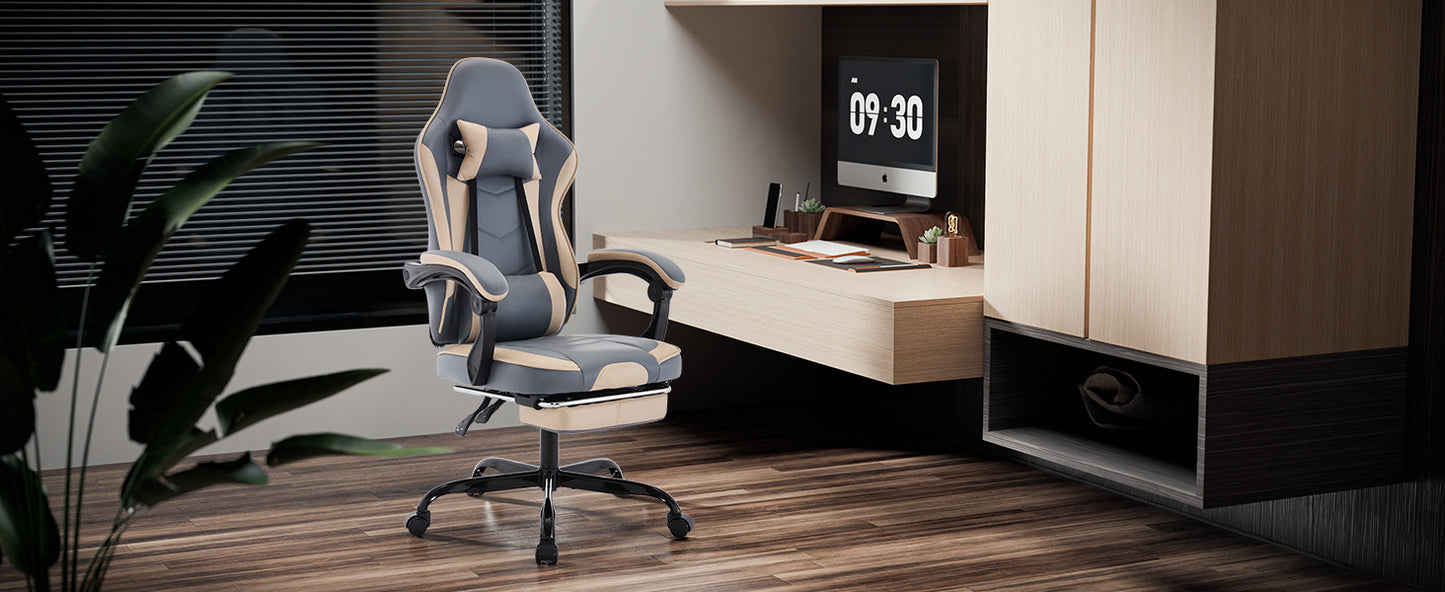 Ergonomic Gaming Chair with Footrest & Massage Support - Blue Beige
