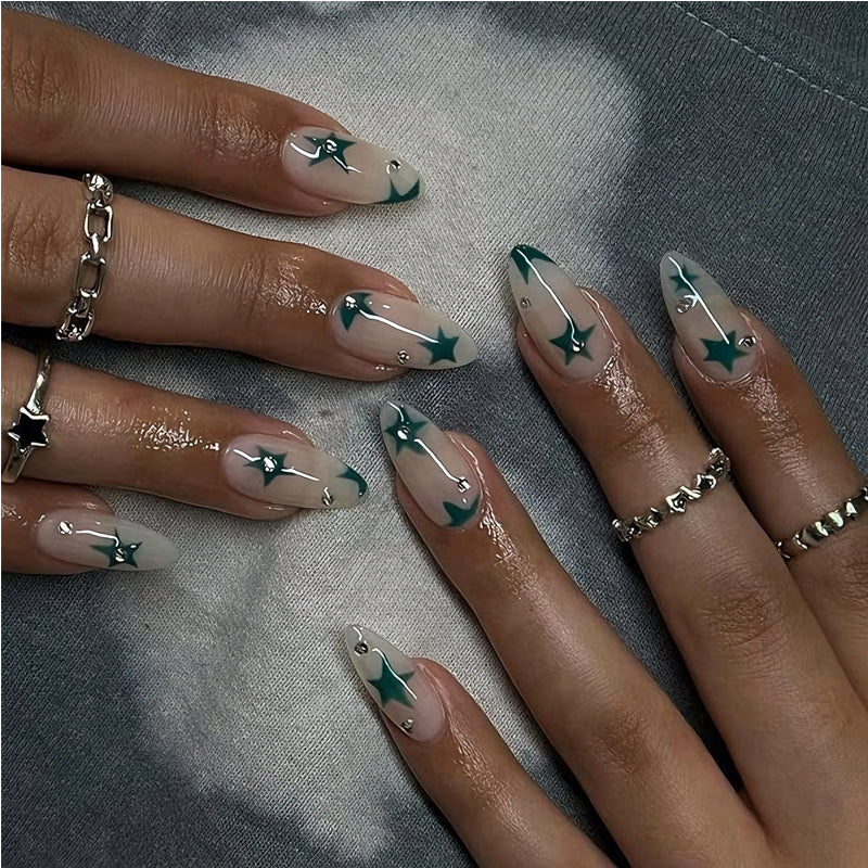 Long Press-On Nail Tips - Green Star Design, 24 Piece Set