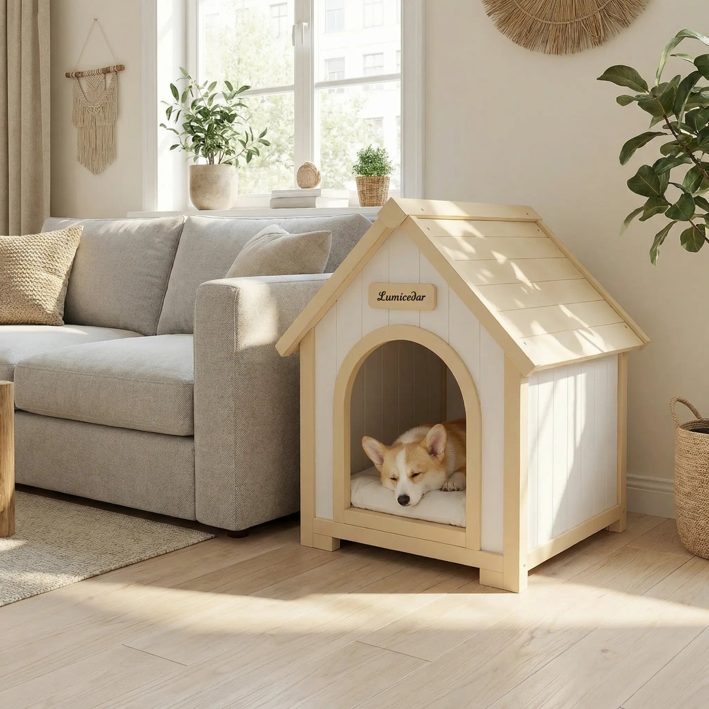 Indoor Wooden Dog House with EVA Cushion - Small Pet Shelter in Creamy White