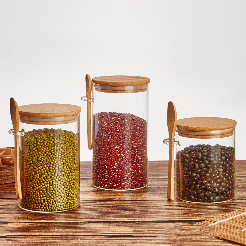 Wooden & Glass Food Storage Tank Set with Spoon - Multiple Sizes