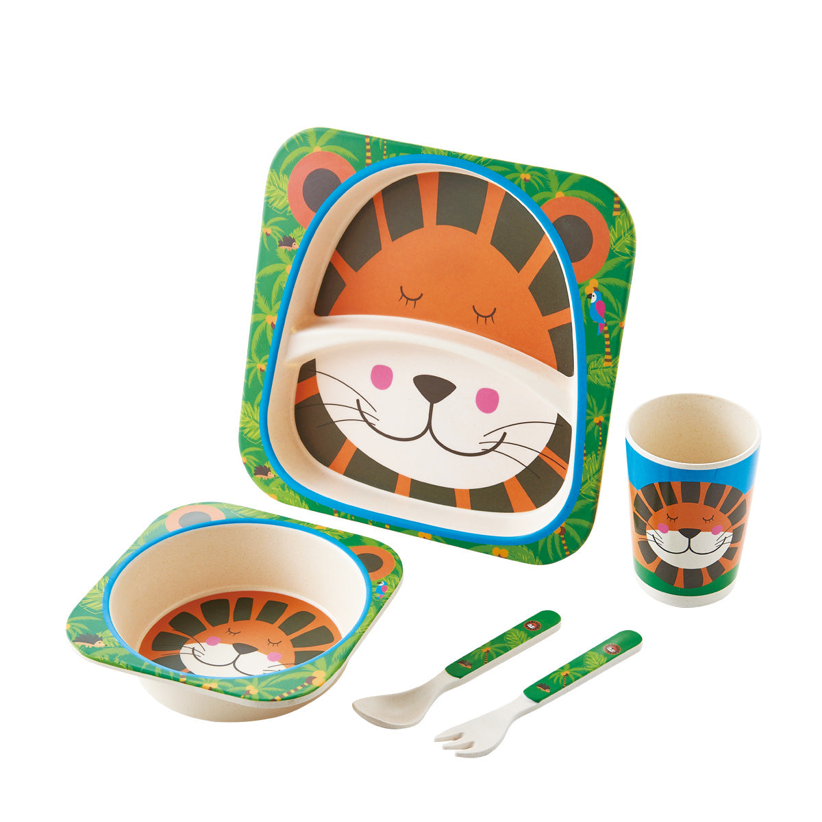 Baby Bamboo Tableware Set 5pcs - Cartoon Childrens Dinnerware for Kids