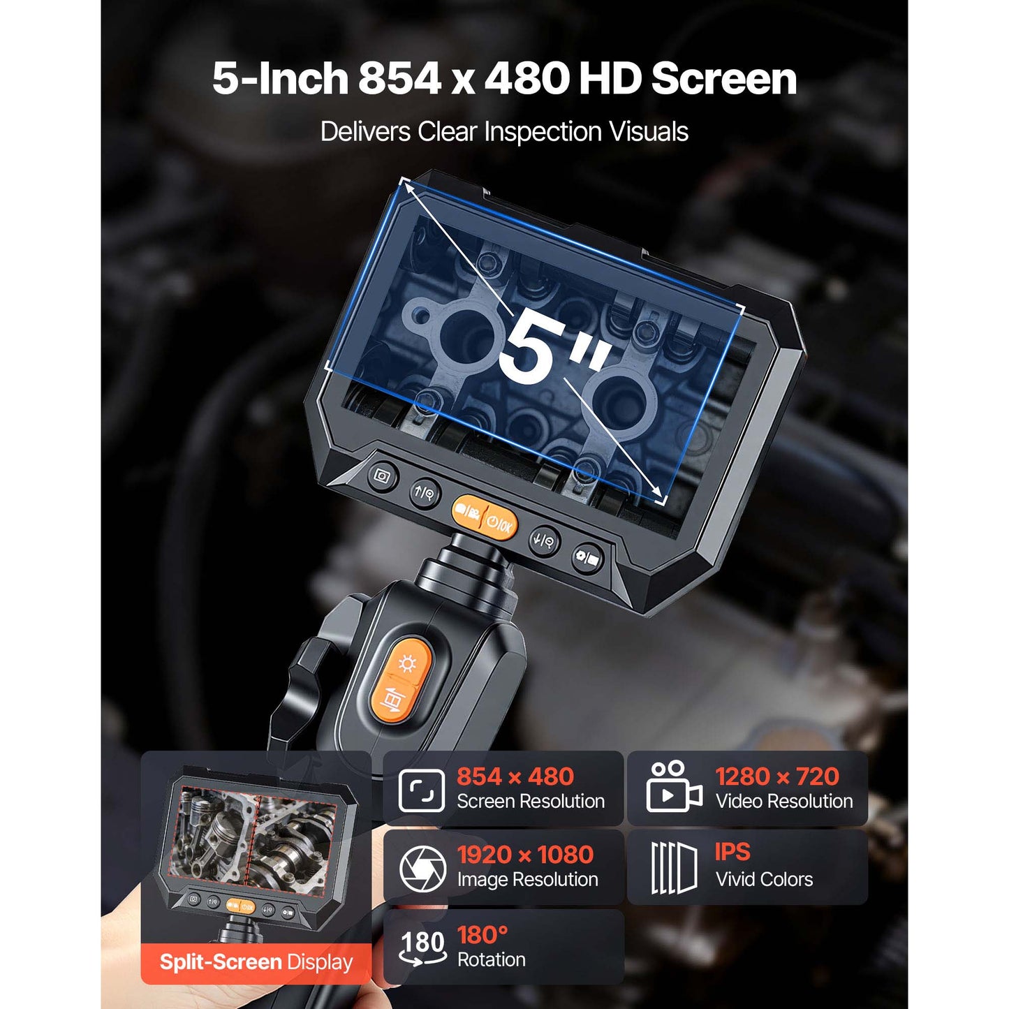 Dual-Lens Articulating Endoscope Inspection Camera 1080P HD Industrial Borescope - Wall, Automotive, Engine Inspection - 4.9FT