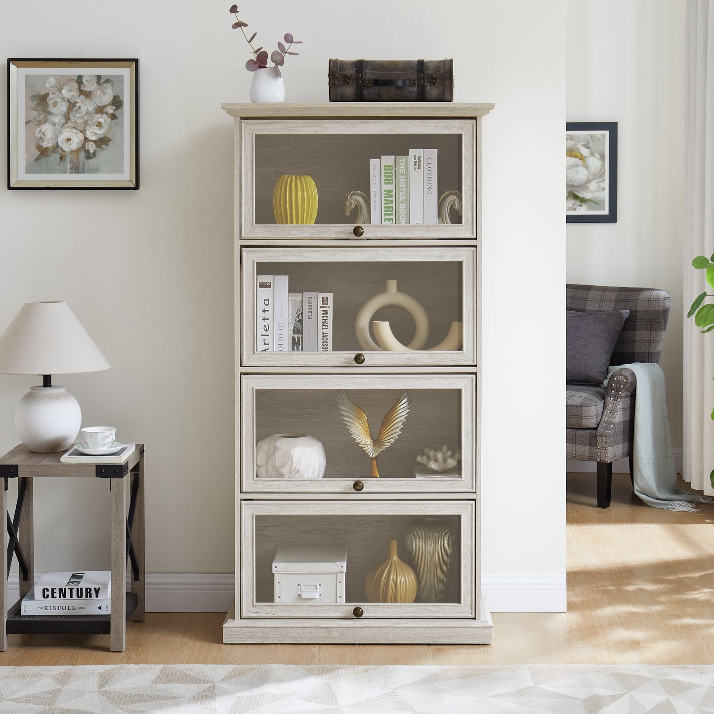 Glass Display Cabinet - 4 Tier Curio Storage with Flip-Up Doors