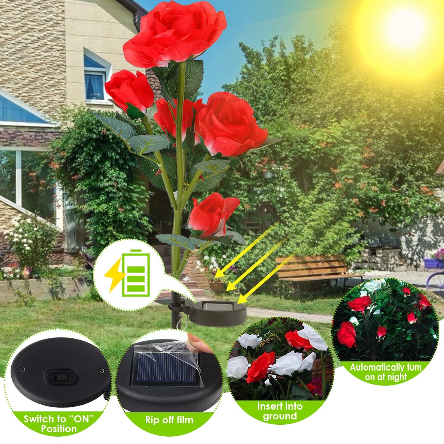 Solar Powered Rose Flower LED Lights - 2Pcs Outdoor Decorative Lamps