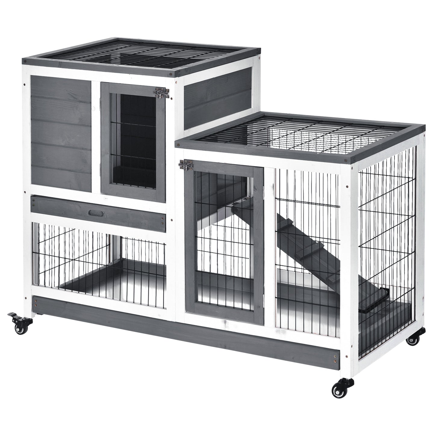Wooden Elevated Rabbit Hutch with Wheels and Enclosed Run - Small Animal Cage