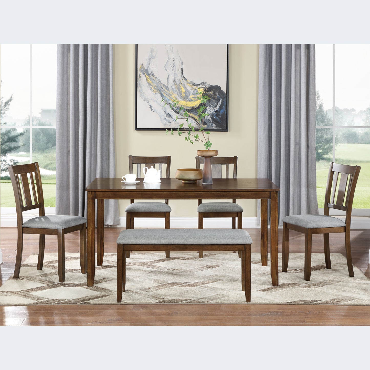 6-Piece Wooden Dining Set with Upholstered Chairs & Bench - Walnut