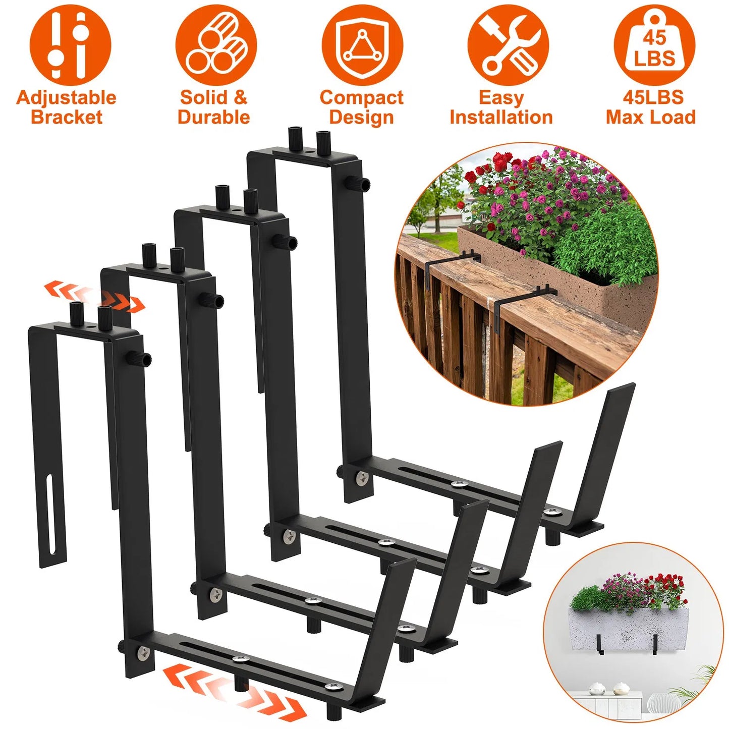 Adjustable Window Planter Bracket - No-Drill Wall-Mounted Flower Holder, Rustproof Iron, Black