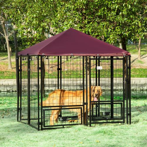 Outdoor Dog Kennel with Rotating Bowl Rack and Waterproof UV-Resistant Awning - Walk-In Pet Playpen