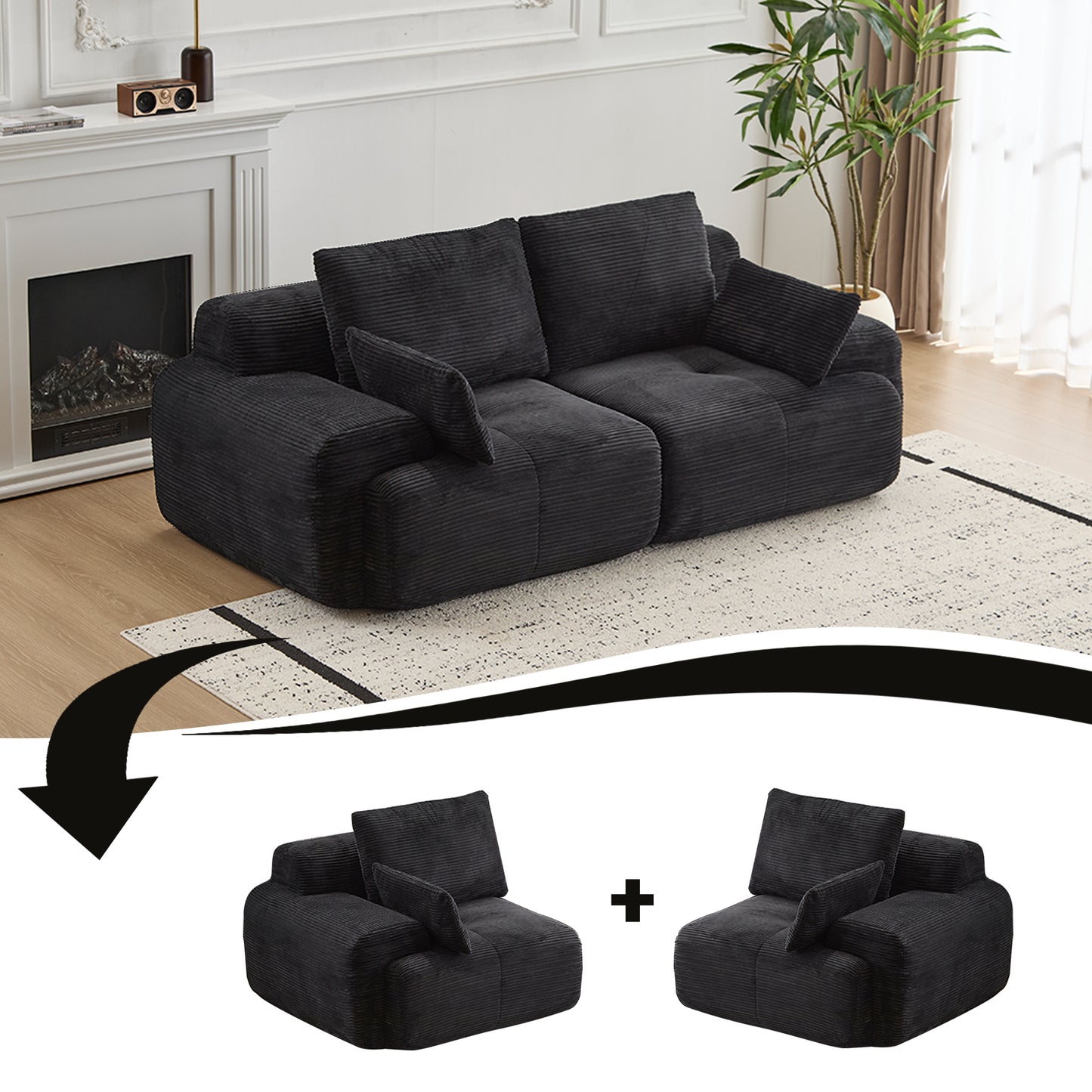 2-Seater Modular Memory Foam Sofa - Pet-Friendly Corduroy, Black
