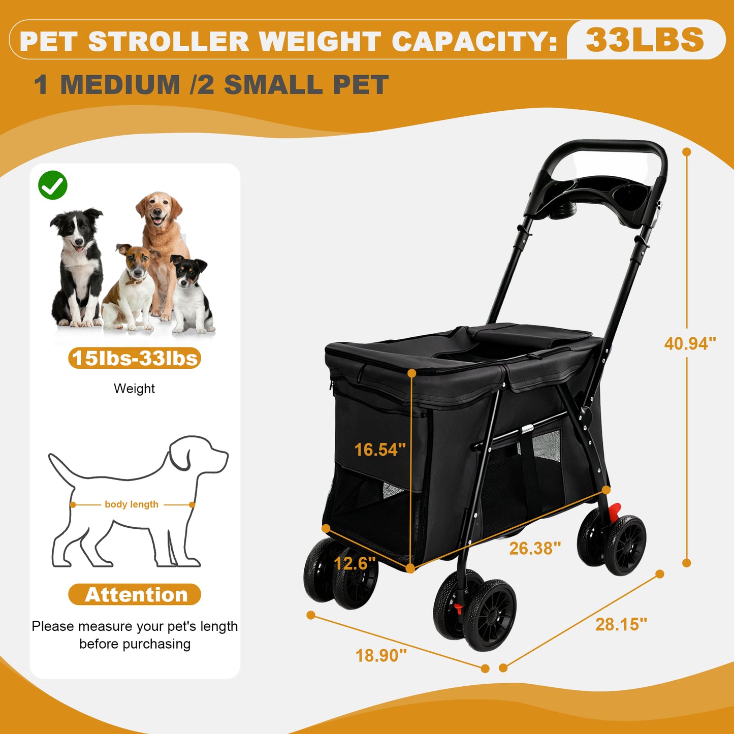Foldable Pet Stroller for Small Medium Dogs Cats with Mesh Sides & Safety Leashes
