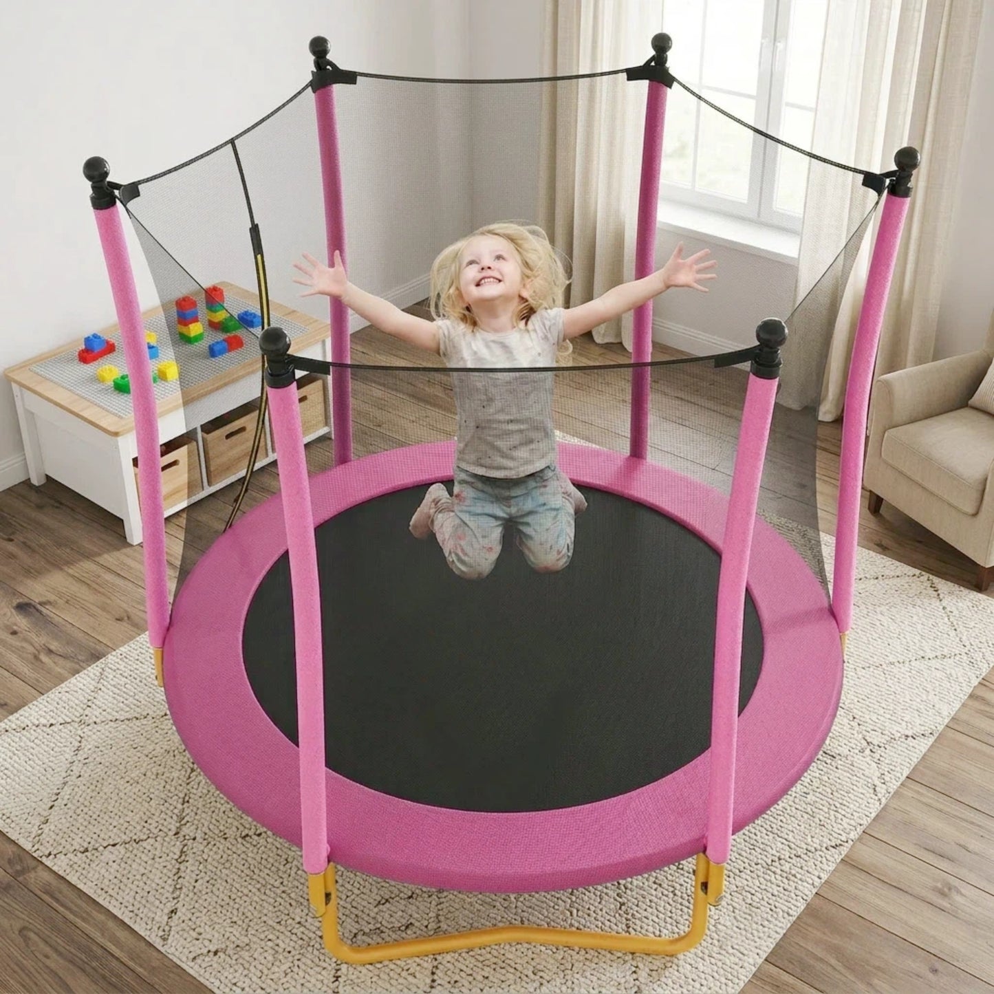 5.5 FT Kids Trampoline with Safety Net - Pink Indoor Outdoor Mini Trampoline