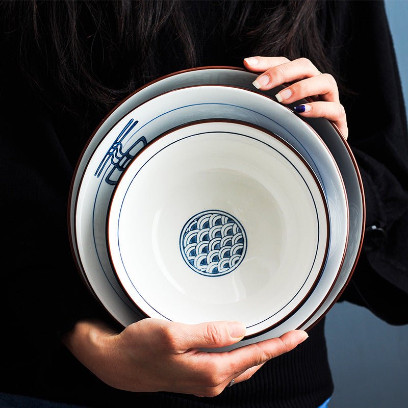 Ceramic Japanese Ramen Bowl Set - Porcelain Soup Bowls in Navy Blue, 6-8 Inch