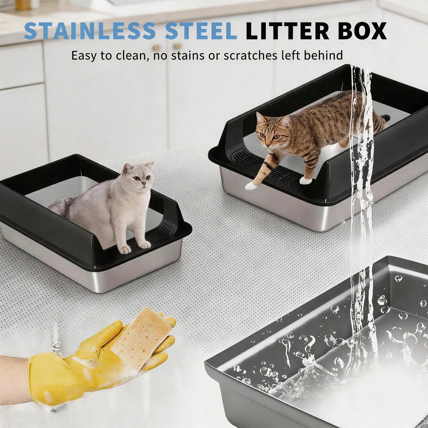 Stainless Steel Cat Litter Box Large Open Top Anti Splash & Odor Resistant