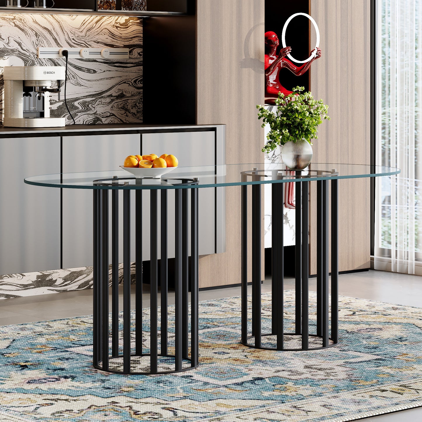 71 Inch Oval Tempered Glass Dining Table,black Double Column Light