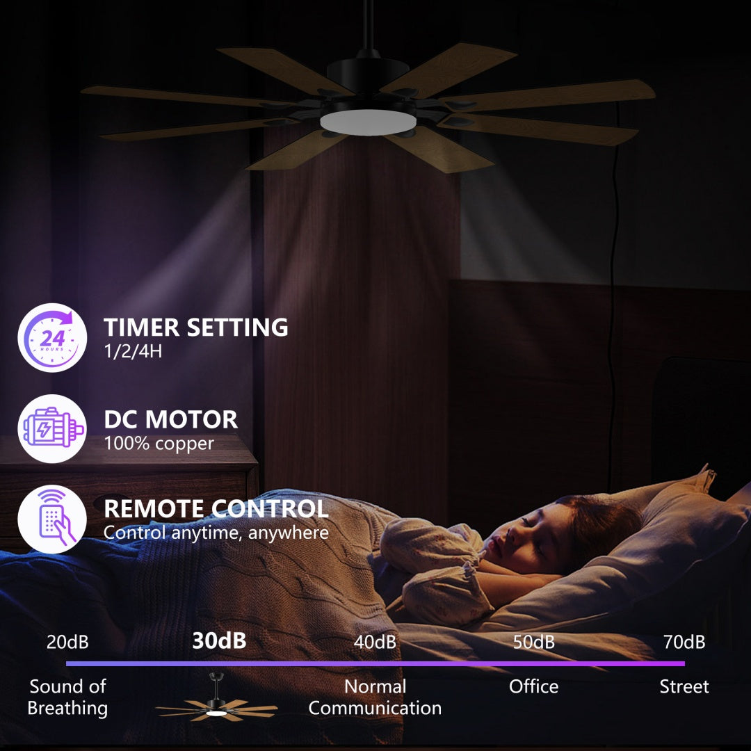 52-Inch Ceiling Fan with Lights and Remote, Reversible DC Motor, 8 Blades, Black