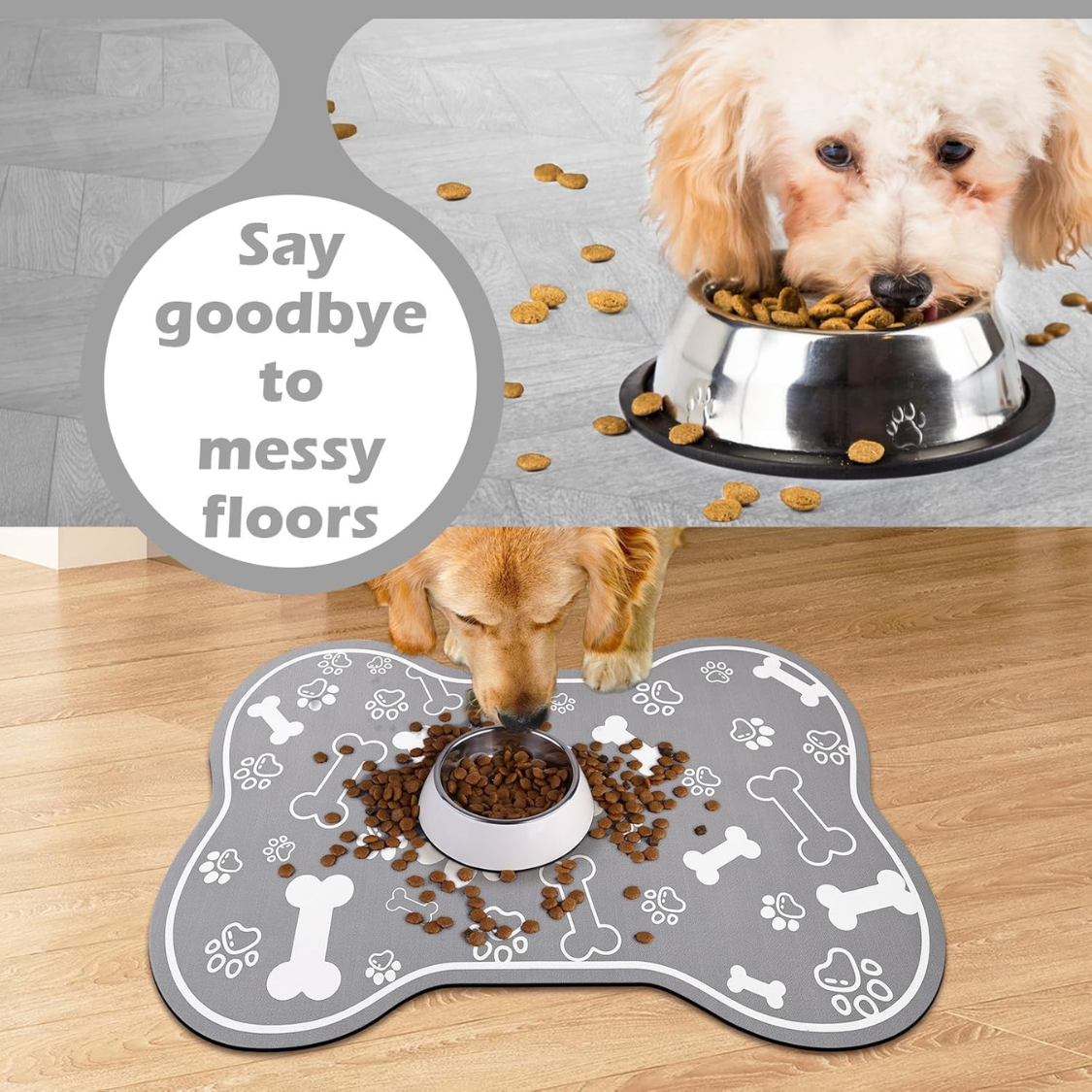 Pet Feeding Mat with Non-Slip Rubber Backing, Super Absorbent Dog & Cat Water Bowl Pad - Grey