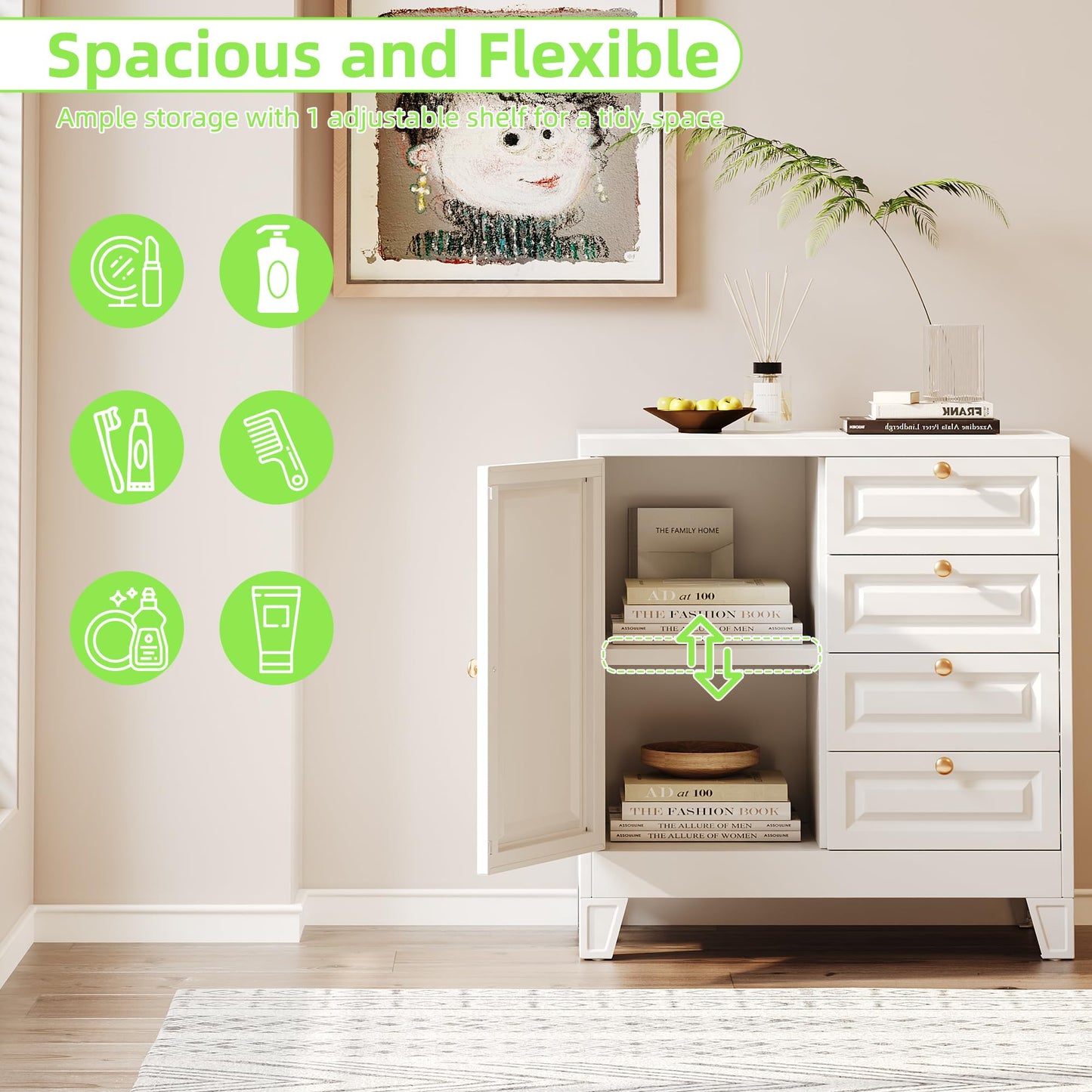 Metal Bathroom Storage Cabinet with 4 Drawers & Shelves - White