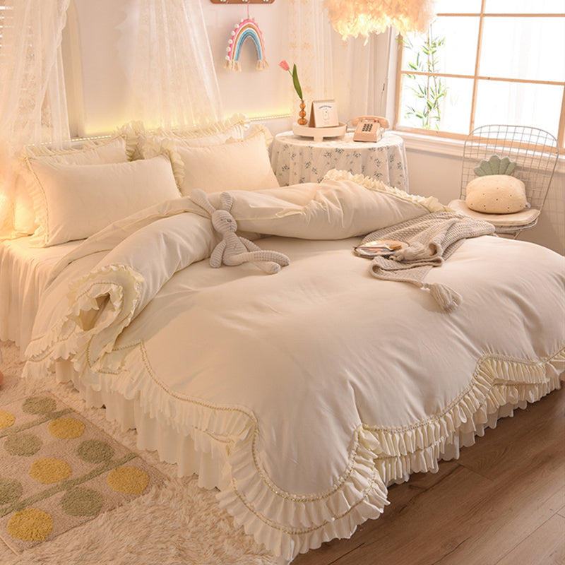 Luxury Four-Piece Lotus Leaf Lace Bed Sheet Duvet Cover Set with Bed Skirt