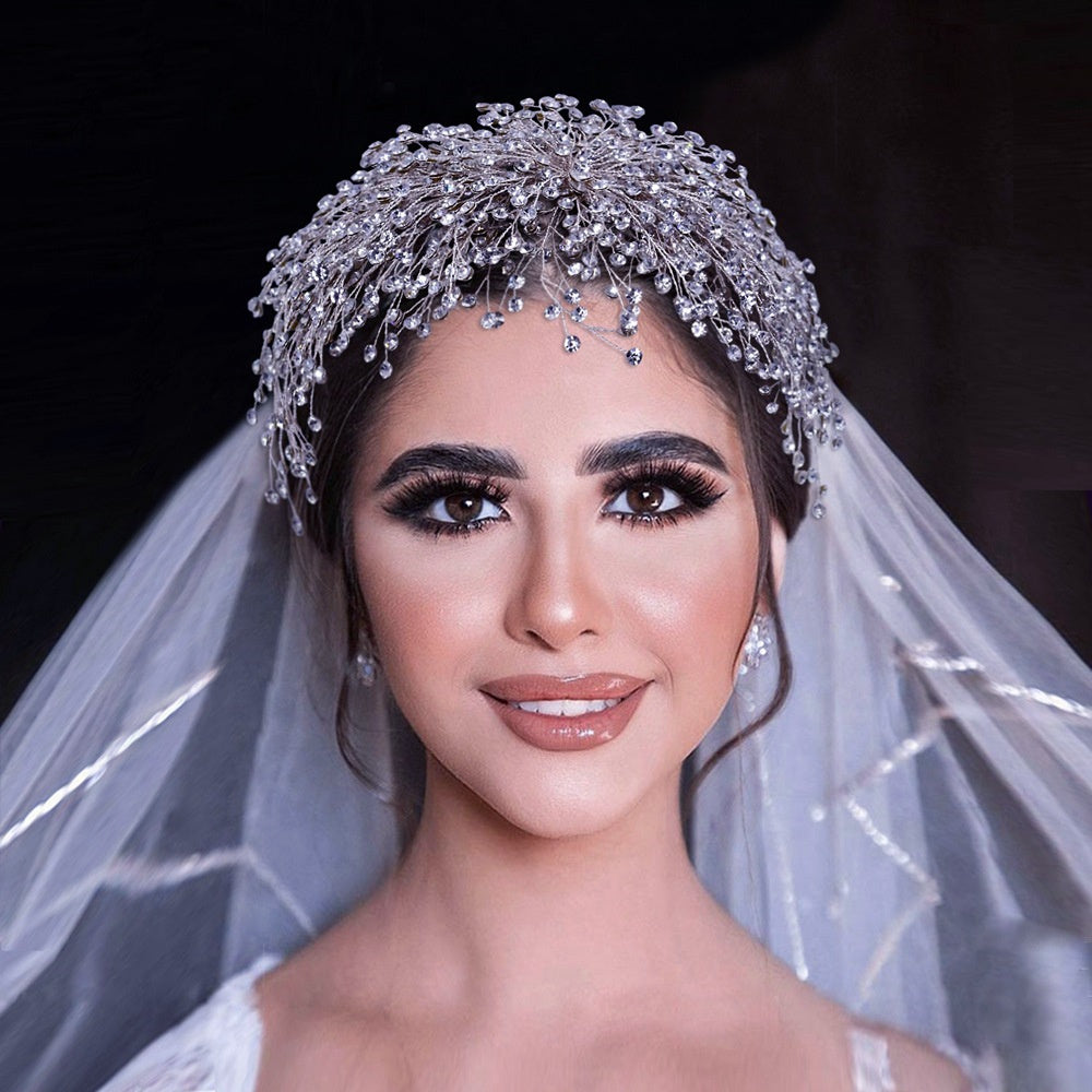 Rhinestone Flower Wedding Headband - Silver